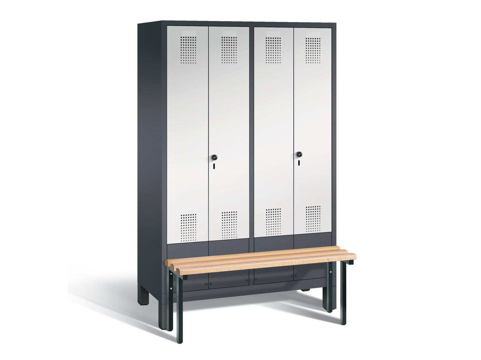 Spind nach Arbeitsstättenrichtlinien S3000 Evolo mit vorgebauter Sitzbank - für 2 Personen 4x300mm Abteilbreite