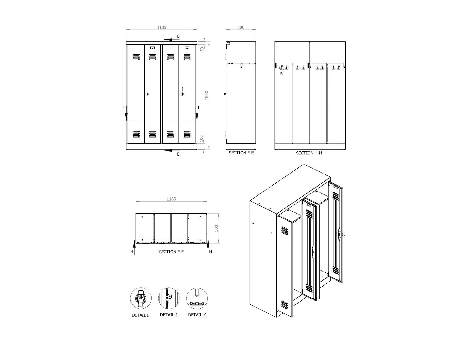 Spindschrank Serie Spindmax® Spind nach Arbeitsstättenrichtlinien mit Sitzbankuntergestell - für 2 Personen 4x300mm Abteilbreite