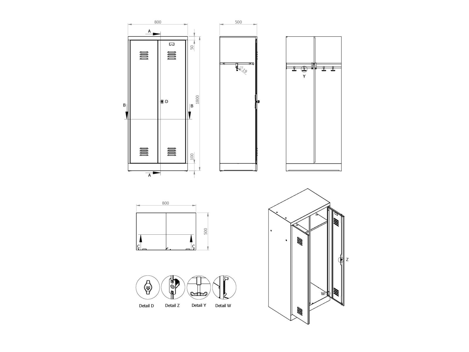 Spindschrank Serie Spindmax® Spind nach Arbeitsstättenrichtlinien mit Sitzbankuntergestell - für 1 Person 2x400mm Abteilbreite