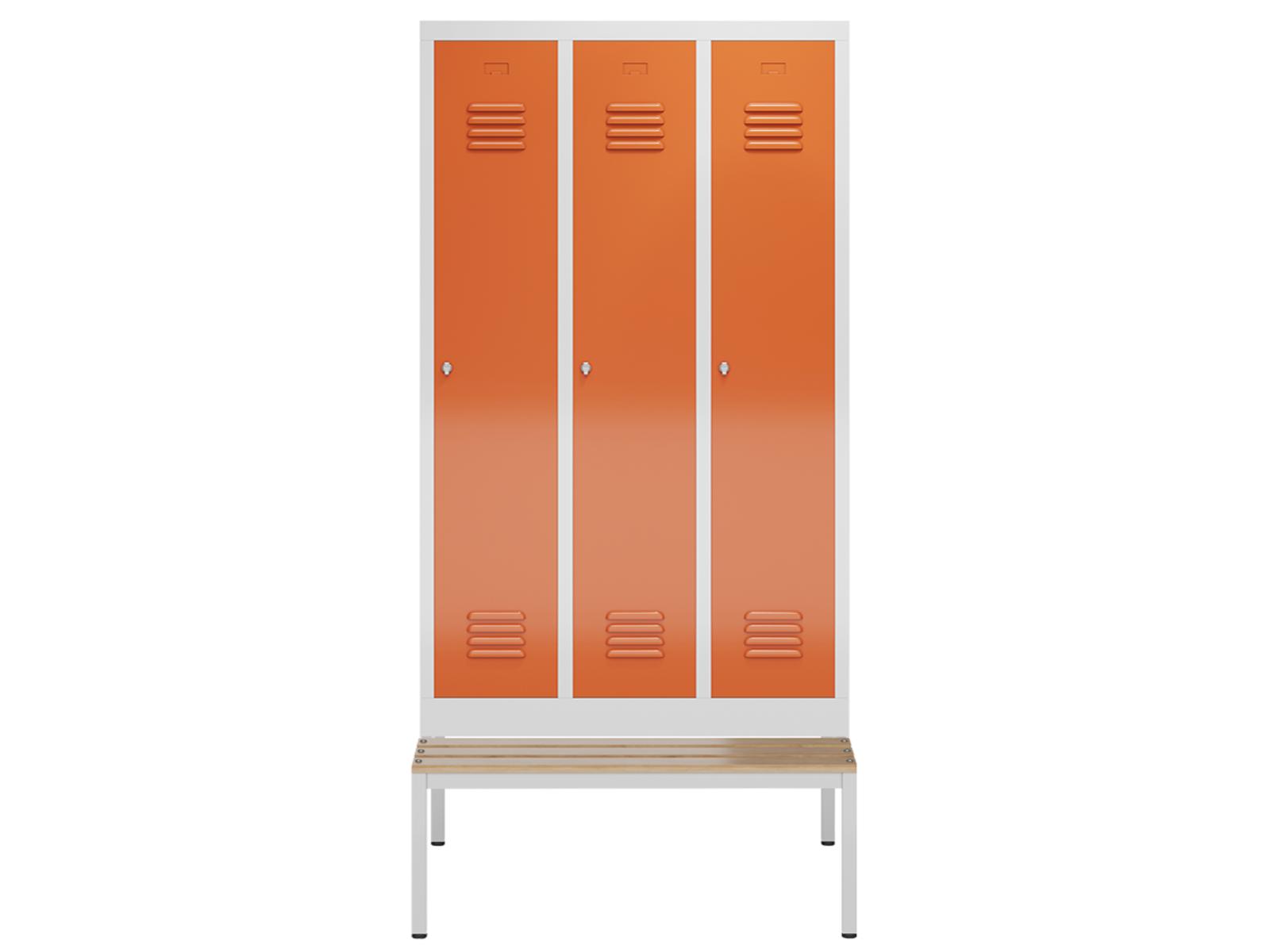 Spindschrank Serie Spindmax® mit Sitzbankuntergestell - 3 Abteile 400mm Abteilbreite