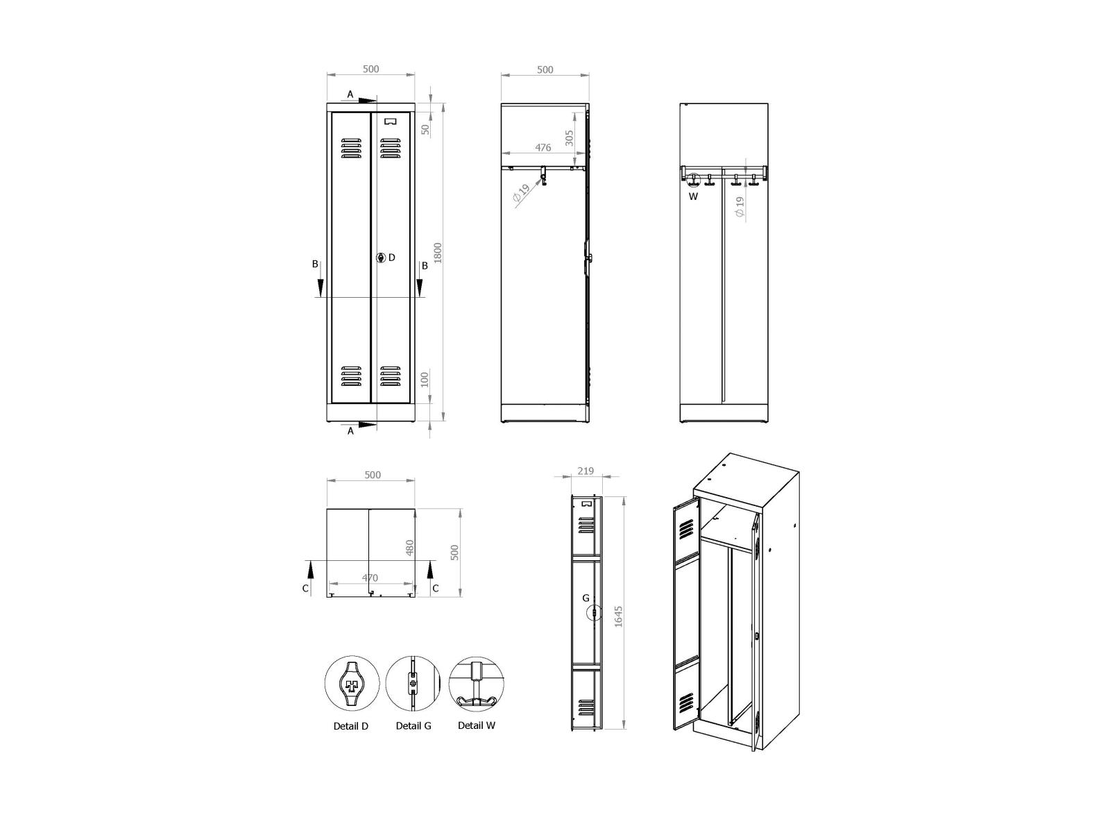 Spindschrank Serie Spindmax® Spind nach Arbeitsstättenrichtlinien - für 1 Person 2x250mm Abteilbreite
