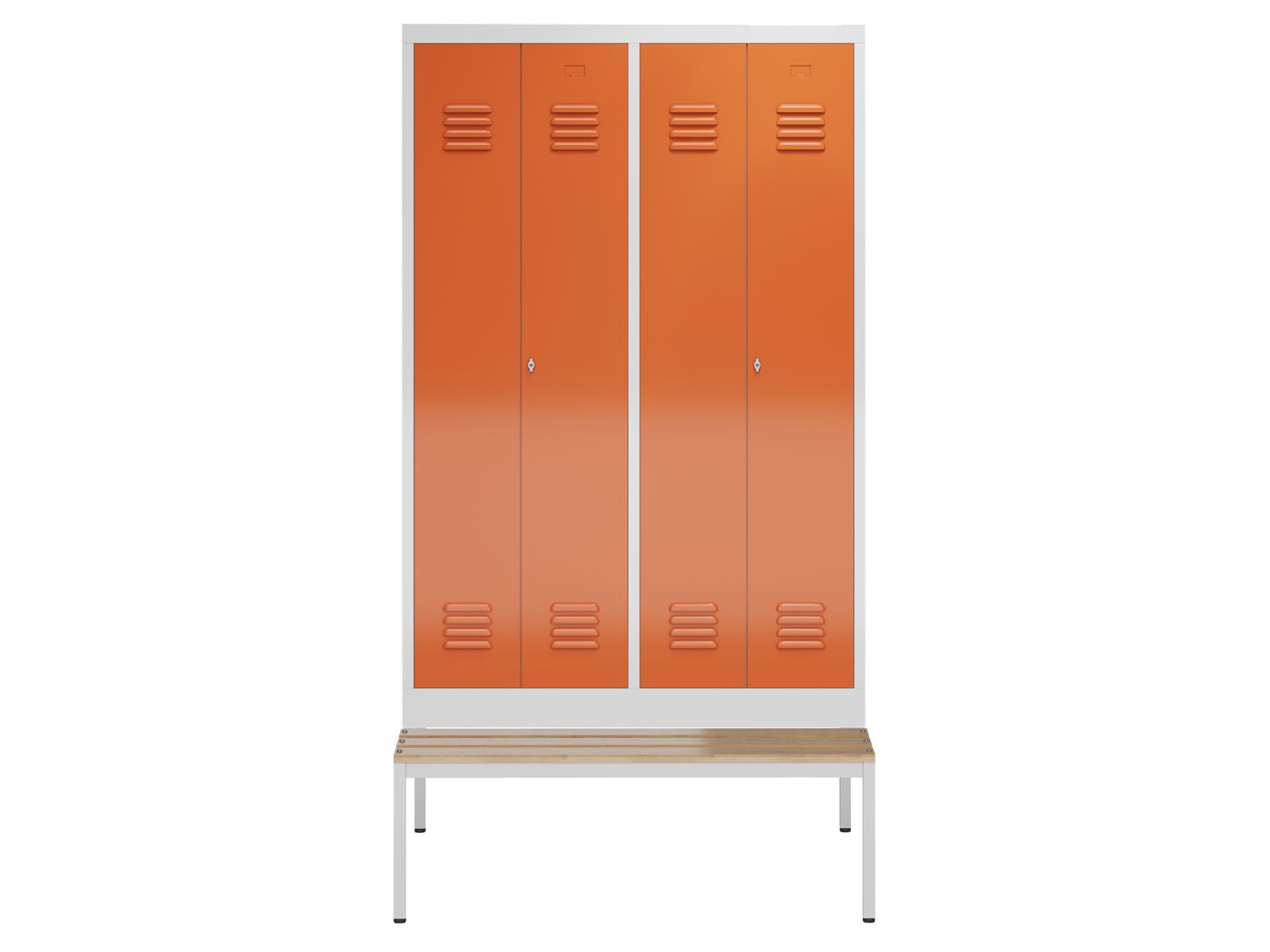 Spindschrank Serie Spindmax® Spind nach Arbeitsstättenrichtlinien mit Sitzbankuntergestell - für 2 Personen 4x300mm Abteilbreite